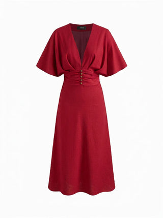 Wedding Wedding Guest Dress wedding guest wedding Linen-blend Linen-blend V-neck Solid Ruffle Ruched Midi Dress For Work