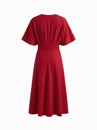 Wedding Wedding Guest Dress wedding guest wedding Linen-blend Linen-blend V-neck Solid Ruffle Ruched Midi Dress For Work