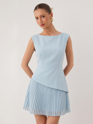 Boat Neck Pleated A-line Mini Dress