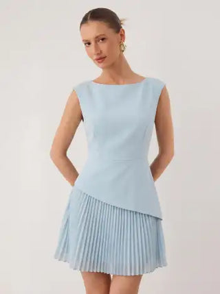 Boat Neck Pleated A-line Mini Dress