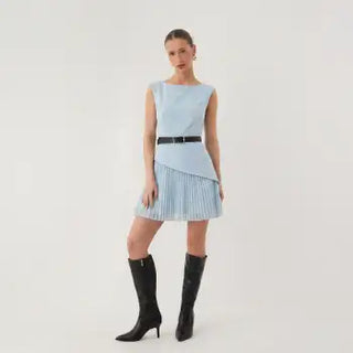 Boat Neck Pleated A-line Mini Dress