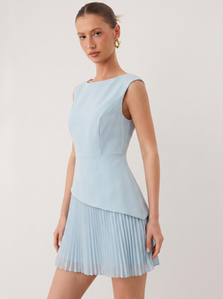 Boat Neck Pleated A-line Mini Dress