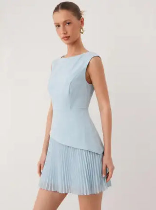 Boat Neck Pleated A-line Mini Dress