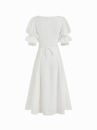 Broderie Anglaise Rose Floral V-neck Puff Sleeve Flared Midi Dress