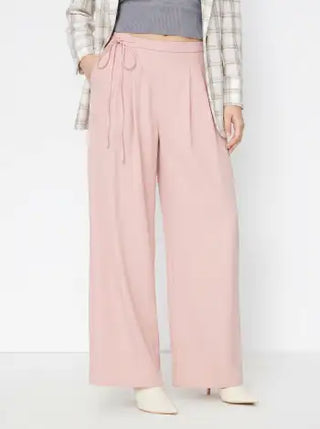 Mid Rise Tie Side Knotted Pleated Wide Leg Trousers