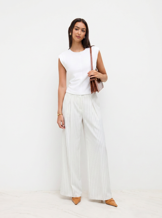 Mid Rise Stripe Pleated Wide Leg Trousers