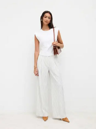 Mid Rise Stripe Pleated Wide Leg Trousers