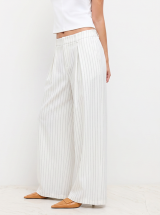 Mid Rise Stripe Pleated Wide Leg Trousers