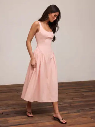 Cotton Scoop Neckline A-line Midi Dress