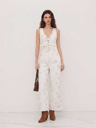 Denim V-neck Button Pocket Wide Leg Jumpsuit