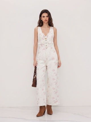 Denim V-neck Button Pocket Wide Leg Jumpsuit