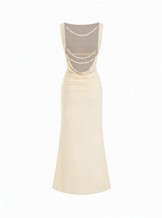 Boat Neck Ruched Pearl-Back Detail Maxi Dress