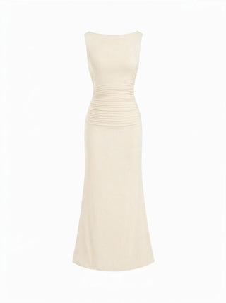 Boat Neck Ruched Pearl-Back Detail Maxi Dress