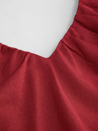 Woven Linen-blend V-neck Ruched Flared Maxi Dress For Daily Casual Vacation