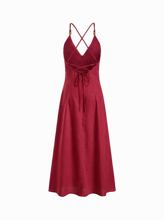 Woven Linen-blend V-neck Ruched Flared Maxi Dress For Daily Casual Vacation