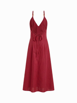 Woven Linen-blend V-neck Ruched Flared Maxi Dress For Daily Casual Vacation