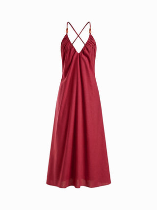 Woven Linen-blend V-neck Ruched Flared Maxi Dress For Daily Casual Vacation