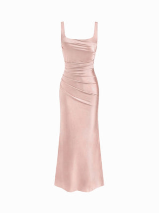 Satin Sculptural Square Neck Ruched Mermaid Maxi Dress