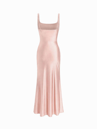 Satin Sculptural Square Neck Ruched Mermaid Maxi Dress