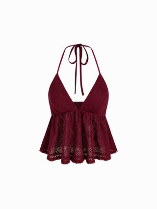 Pointelle V-Neck Halter Ruffle Hem Cami Top