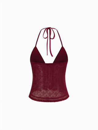Pointelle V-Neck Halter Ruffle Hem Cami Top