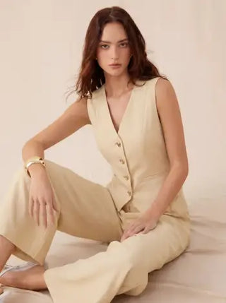 Woven V-neck Metal Button Pocket Wide Leg Jumpsuit For Work