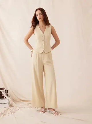 Woven V-neck Metal Button Pocket Wide Leg Jumpsuit For Work