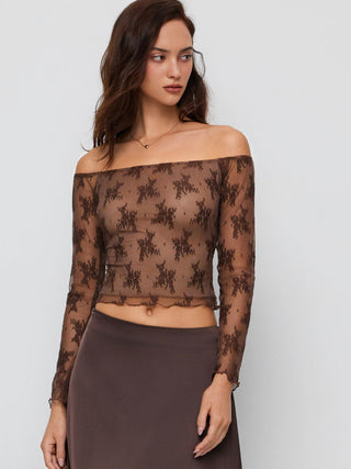 Lace Lace Floral Off-shoulder Long Sleeve Lettuce Trim Top For Daily Casual Date