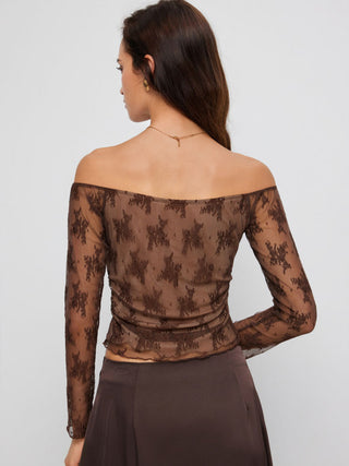 Lace Lace Floral Off-shoulder Long Sleeve Lettuce Trim Top For Daily Casual Date