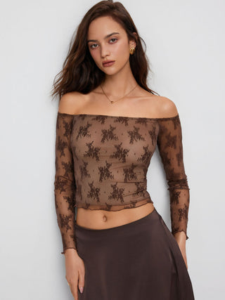 Lace Lace Floral Off-shoulder Long Sleeve Lettuce Trim Top For Daily Casual Date
