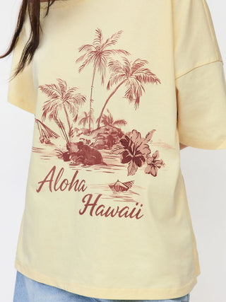 Cotton Asymmetrical Neck Short Sleeve Nature Graphic Tee