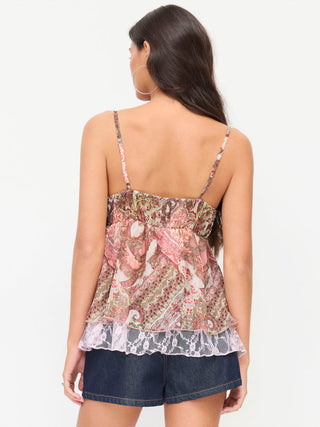 Chiffon Paisley Graphic V-neck Lace Panel Cami Blouse