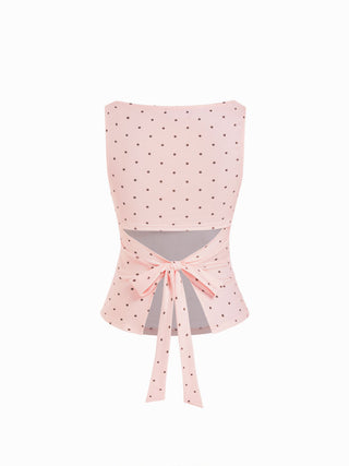 Cotton-blend Boat Neck Knotted Polka Dot Ruched Tank Top