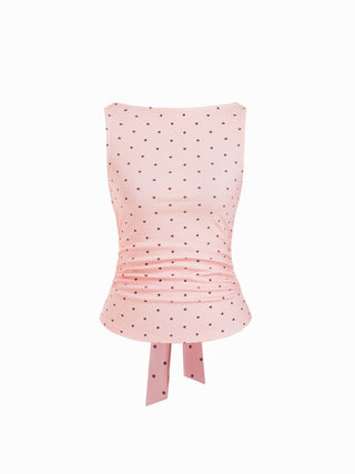 Cotton-blend Boat Neck Knotted Polka Dot Ruched Tank Top