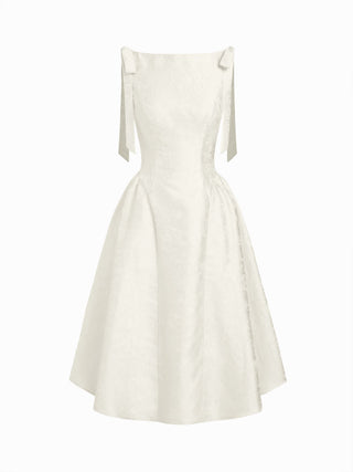 Jacquard Sculptural Boat Neck Bowknot Backless Flared Maxi Dress