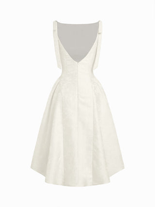 Jacquard Sculptural Boat Neck Bowknot Backless Flared Maxi Dress