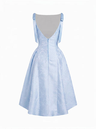 Jacquard Sculptural Boat Neck Bowknot Backless Flared Maxi Dress