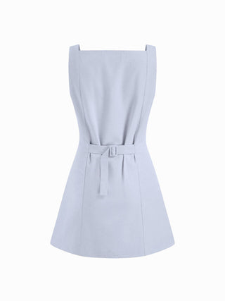 Linen-blend Linen-blend Braided Button Back Belt Square Neck Mini Dress For Daily Casual Work