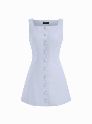Linen-blend Linen-blend Braided Button Back Belt Square Neck Mini Dress For Daily Casual Work