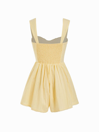 Cotton-blend Sweetheart Textured Shirred Lace Trim Romper