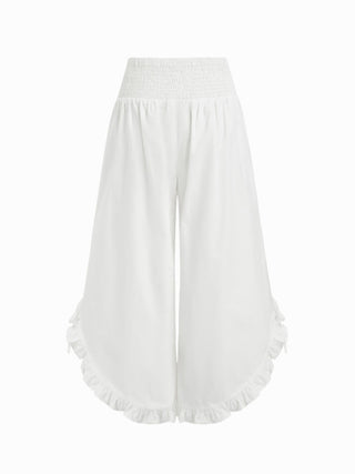 Cotton-blend Mid Rise Shirred Ruffle Hem Wide Leg Capri Trousers