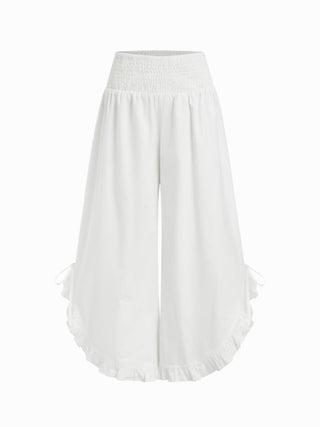 Cotton-blend Mid Rise Shirred Ruffle Hem Wide Leg Capri Trousers