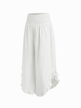 Cotton-blend Mid Rise Shirred Ruffle Hem Wide Leg Capri Trousers