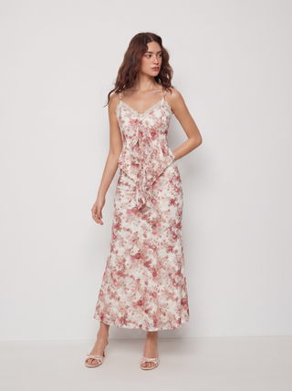 Floral Lace Trim Tie Front Cami Top & Mid Rise Bodycon Maxi Skirt Set