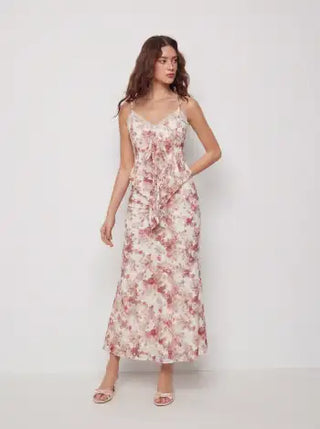 Floral Lace Trim Tie Front Cami Top & Mid Rise Bodycon Maxi Skirt Set