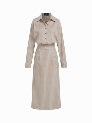 Woven Striped Collar Button Front Maxi Dress For Work