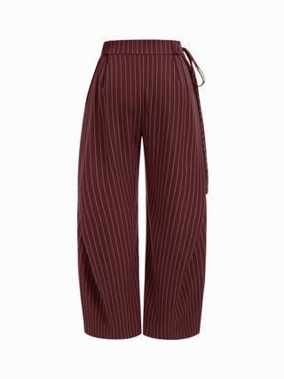 Woven Mid Rise Striped Side Knotted Barrel-leg Trousers For Work