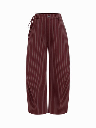 Woven Mid Rise Striped Side Knotted Barrel-leg Trousers For Work
