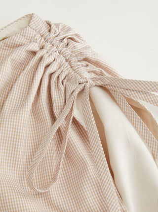 Cotton Gingham Asymmetrical Neck Drawstring Ruched Cami Blouse
