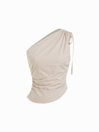 Cotton Gingham Asymmetrical Neck Drawstring Ruched Cami Blouse